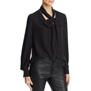 Equipment Haty Silk Tie Neck Blouse Sheer Chiffon Scarf Top Black Women XS